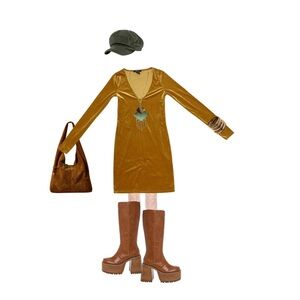 Women's Small Velvet Mustard Yellow Bodycon Dress Long Sleeve V-Neck Forever 21